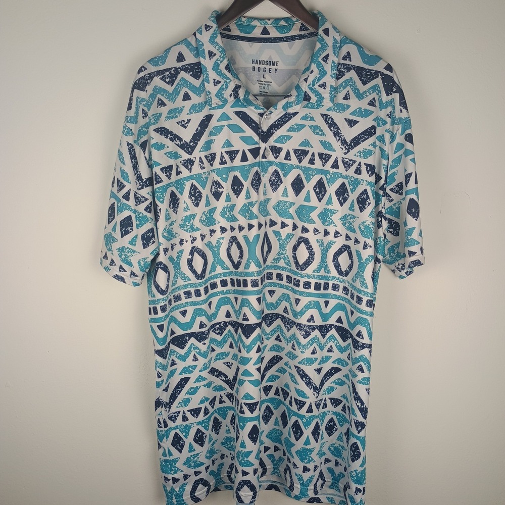 Handsome Bogey Polo Shirt Mens Large Blue & White Geometric Tribal Golf Jersey